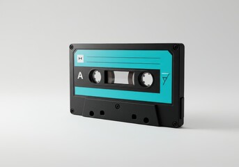 Fototapeta premium A teal-colored audio cassette tape sits prominently against a plain, light gray background.