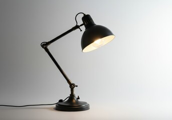 A black, adjustable desk lamp with a warm-toned light bulb illuminates a neutral background.