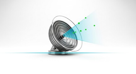A 3D rendering of a speaker emitting green particles, symbolizing sound waves or data transmission.