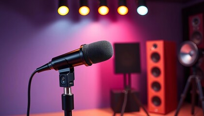 Obraz premium Sleek black microphone on adjustable stand, studio setting, broadcasting, music