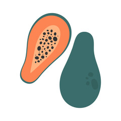 Papaya fruit whole and a half isolated on white background. Cartoon fruit. Vector illustration
