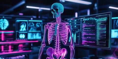 A holographic skeleton standing in front of computer screens with neon lighting- symbolizing the fusion of medical technology and AI.