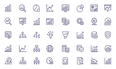 Data analytics, statistics and processing line icons set for web and mobile apps, AI, computing, database, monitoring, hosting, server, business insight, technology, cloud, dashboard, research