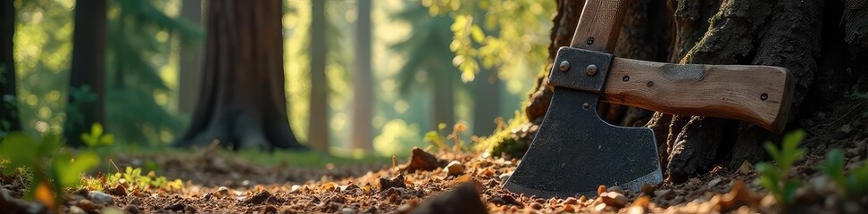 Lumberjacks Axe Leaning Against Redwood in Sunlight, Showcasing Forestry Strength and Skill