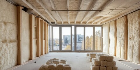 Foam-based thermal insulation materials being installed in a modern building under construction. Energy efficiency and insulation in new architecture.