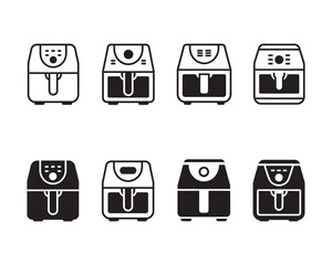 Set of air fryer icons in line and solid styles. Vector graphic illustration of a modern kitchen appliance for healthy cooking