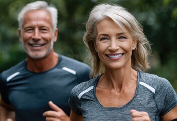 an elderly couple jogging in the park, smiling and looking happy while running together