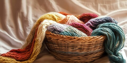 A cozy wicker basket filled with soft yarn in various colors- with a partially knitted scarf draped over the edge. Perfect for knitting projects.