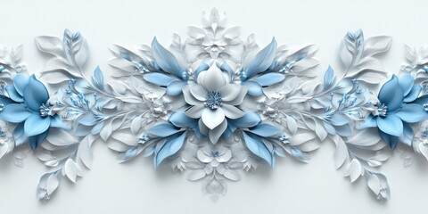 Obraz premium 3D wallpaper with a white background, featuring a symmetrical pattern of navy blue and cream-colored flowers, leaves, and vines.