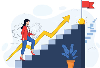 Business woman achieves career goals and climbs ladder of success to a brighter future on top