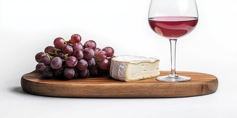 A wooden board with ripe grapes- creamy Camembert cheese- and a glass of wine- set against a white background. Ideal for food and wine concepts.