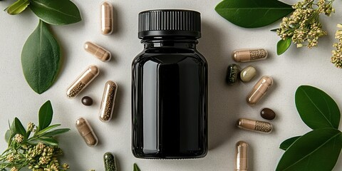 A black glass bottle surrounded by natural herbal supplements and green leaves- presenting a minimalist product photography of wellness products