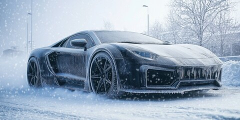 Icy sports car parked outdoors during a winter snowstorm- illustrating extreme cold- frozen conditions- and harsh weather