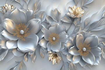 3D wallpaper with a white background, featuring a symmetrical pattern of navy blue and cream-colored flowers, leaves, and vines.