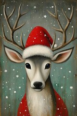 Reindeer wearing Santa hat. Painting in whimsical style. Ai Generative