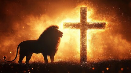 Silhouette of a lion standing before a cross- both glowing in a fiery golden light- symbolizing faith- strength- and divine power