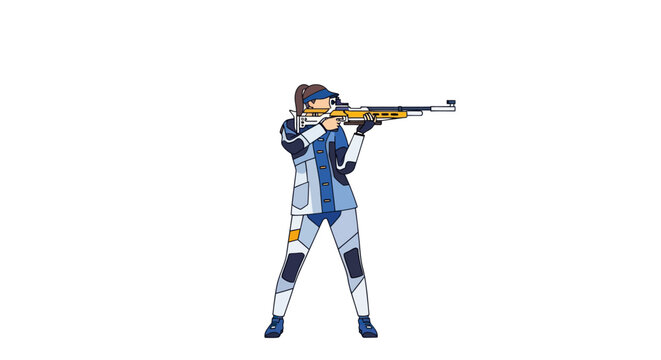 Female rifle shooter in a blue and white uniform taking aim during a competition.