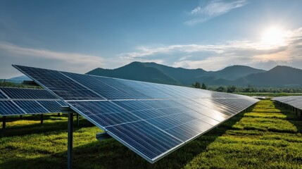 A scenic view of solar panels in a field, set against mountains and a bright sky, highlighting renewable energy and sustainability.
