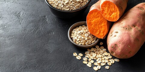 Fresh sweet potatoes- oats- and brown rice displayed on a dark textured surface. A healthy and nutritious combination of whole foods.