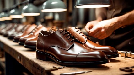 Row of elegant handcrafted brown leather dress shoes on wooden workbench under warm workshop lights with artisan carefully threading laces