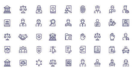 Law and Justice Icon Set, Linear Outline Style for Web and Mobile Apps, Court, Legal, Judge, Lawyer, Criminal, Verdict, Police, Trial, Prison, Documents, Vector Illustration, Legal Rights