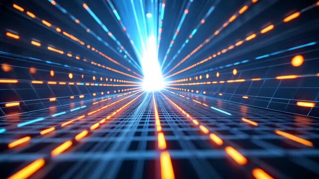 Futuristic Digital Light Speed Tunnel with Glowing Orange and Blue Particles Moving Forward