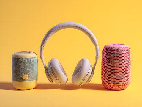 Headphones and two portable speakers on a yellow background