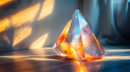 A beautiful clear prism refracts colorful light creating abstract patterns on the floor with a soft curtain background in a bright, airy room, artistic rende.