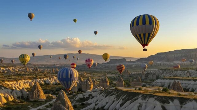 Colorful hot air balloons float over a surreal rocky landscape at dawn