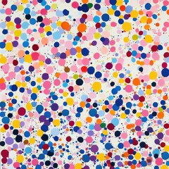 A background of small, colorful dots in various sizes and colors scattered across the canvas,