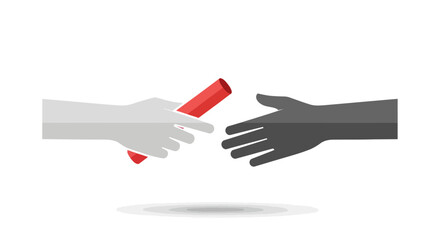 A white hand passing a red relay race baton to a black hand symbolizing teamwork and transition.