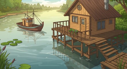 Fototapeta premium Illustration of a serene river landscape featuring a rustic cabin, a pier, and a boat amidst a green forest