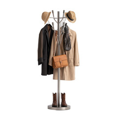 Freestanding coat stand with rotating arms for hanging accessories in a spacious entry hall [Transparent Background PNG].