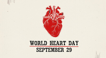 Celebrate World Heart Day September 29 with a powerful graphic featuring a vibrant red anatomical heart and ECG line, symbolizing health and life, perfect for awareness campaigns and medical promotion