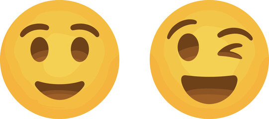 Fototapeta premium Smiley face emoji illustration, neutral and winking expressions, yellow emoticons, digital communication symbols, playful mood icons, black white background design