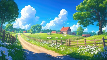 A beautiful farm with green fields, cows, and white flowers in the distance, wooden fences, red-roofed houses, a blue sky with white clouds, and trees on both sides of the road, in a cartoon style