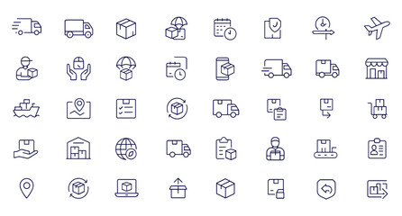 Delivery, Logistic and Shipping Icon Collection, Thin Line Courier and Package Vector Illustration, Editable Stroke, Cargo, Express Freight, Tracking, Parcel, Transportation, Distribution, Export