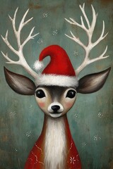 Reindeer wearing Santa hat. Painting in whimsical style. Ai Generative