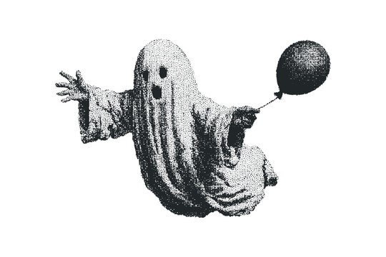 Playful ghost holding a balloon, with transparent background