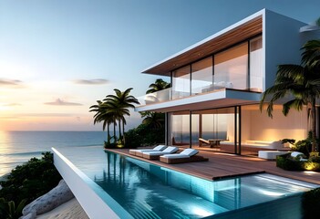 Fototapeta premium Luxurious modern beachfront villa with an infinity pool overlooking the ocean at sunset.