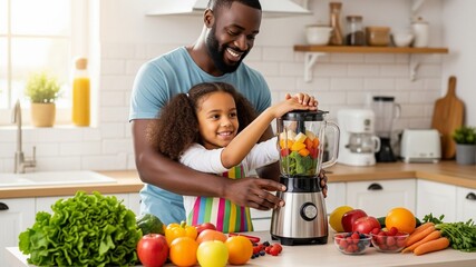 Happy Dad & Daughter Blending Healthy Fruit Smoothie in Kitchen