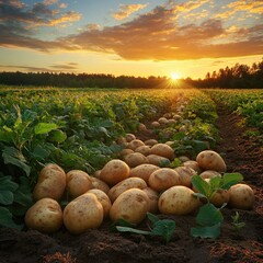 A beautiful field of potatoes at sunset, hyperrealistic photography in the style of