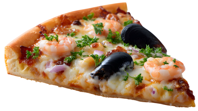 A delicious slice of Pizza Frutti di Mare (Seafood Pizza). This thick-crust white pizza slice is topped with shrimp, mussels, and fresh parsley.