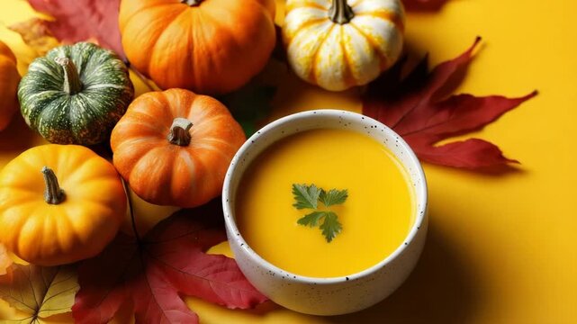 Autumn harvest scene with pumpkin soup and vibrant fall leaves