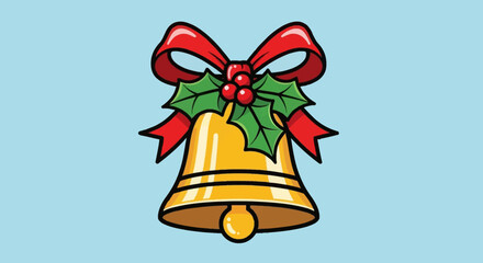 A festive golden bell adorned with a red bow and holly, ready for the holidays.