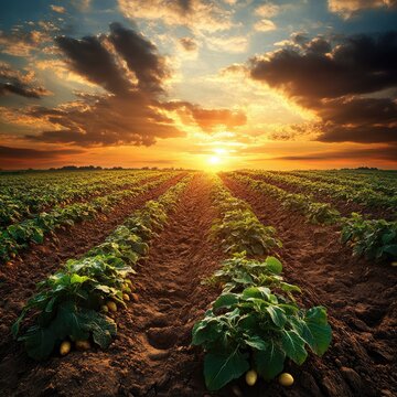 A beautiful photograph of a potato field at sunset, with rows and rows of green potatoes growing in it. The sky is full of dark clouds, and there is an orange sun setting behind them.