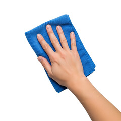 Hand with Blue Microfiber Cleaning Cloth Wiping Washing Dusting Polishing Surface Care Hygiene on transparent background