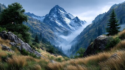 Fototapeta premium A quiet mountain valley filled with low clouds, the peaks emerging through the mist in soft light.