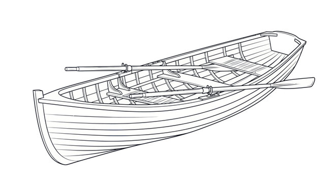 Detailed Line Art Illustration of a Wooden Rowboat with Oars.