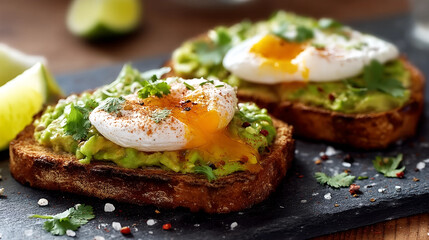 Avocado Toast Delight: A close-up of freshly made avocado toast, topped with a perfectly poached egg and fresh herbs, capturing the textures and inviting flavors of a delightful culinary creation. 
